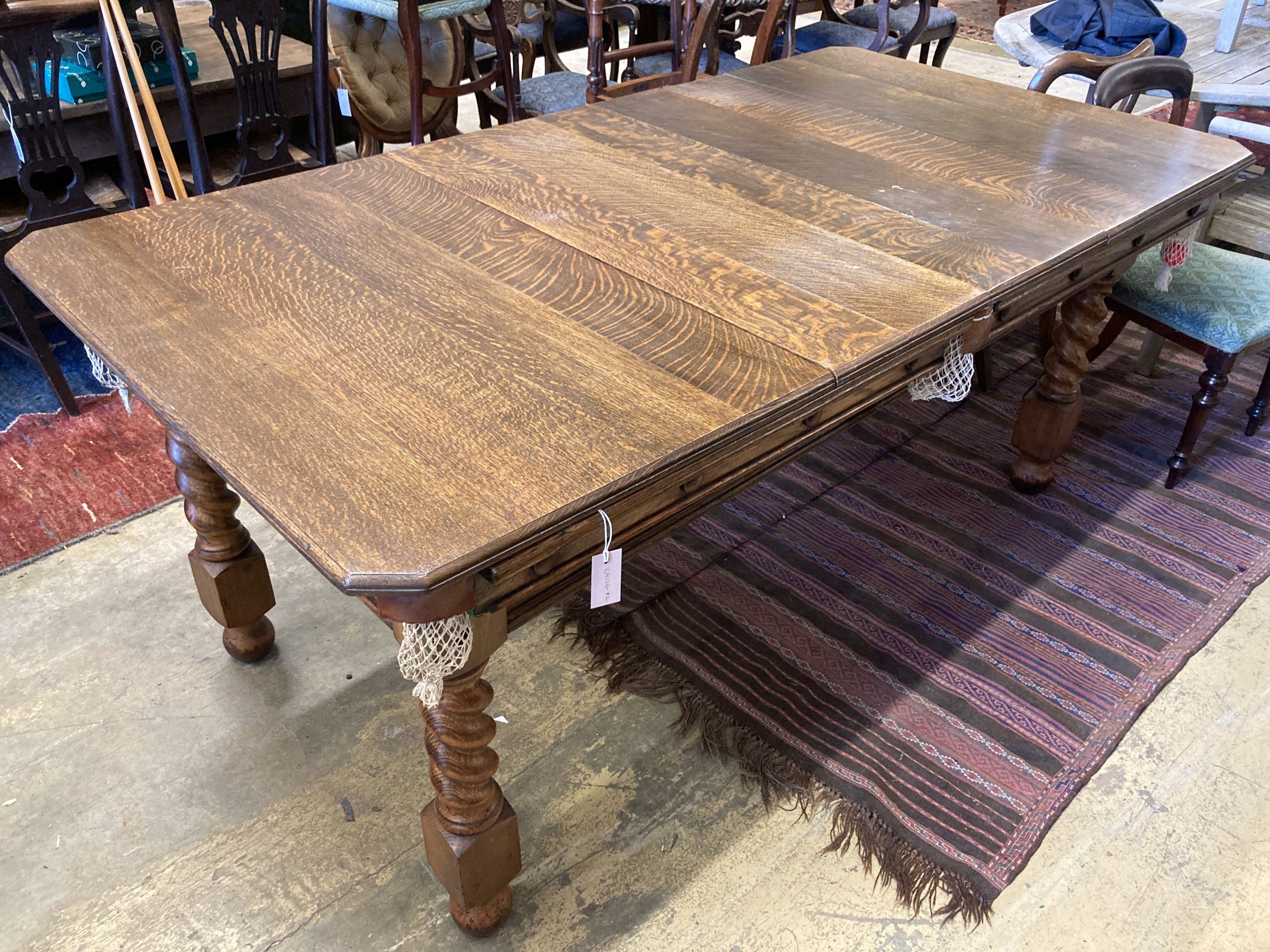 An early 20th century oak Jelks & Son snooker/dining table with full accessories, length 200cm, depth 102cm, height 79cm